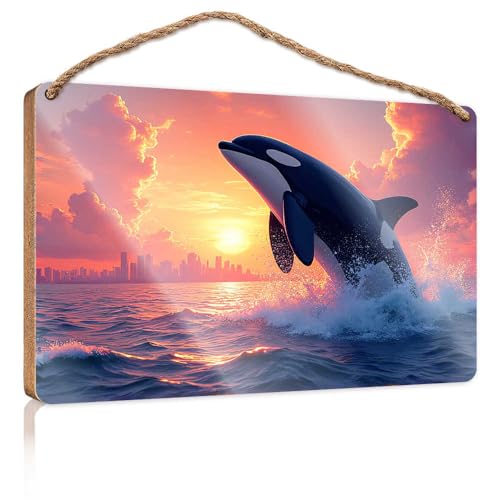 Lustige Türschilder für Büro, Killerwal, springt bei Sonnenuntergang, Holzschild, kleine Schilder für Heimdekoration, Sommer-Türschild (23 x 35 cm) von TSGB