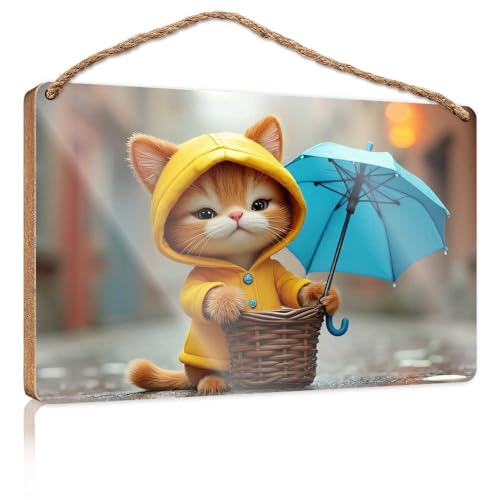 Lustige Türschilder für Büro, Regentag, Abenteuer mit einer niedlichen Katze, Holzschild, kleine Schilder für Heimdekoration, Sommer-Türschild (23 x 35 cm) von TSGB