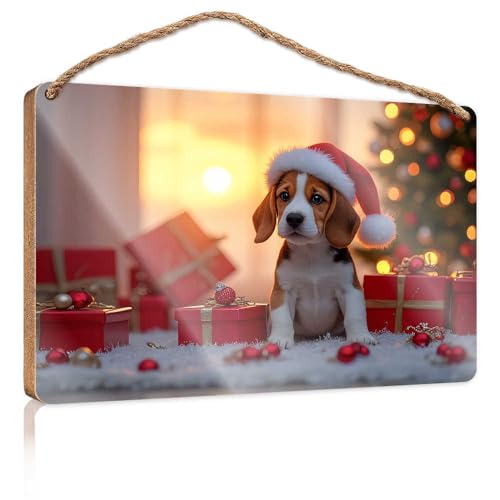 Lustige Türschilder für Büro, Weihnachtswelpe mit Geschenken und Baum, Holzschild, kleine Schilder für Heimdekoration, Sommer-Türschild (15 x 28 cm) von TSGB