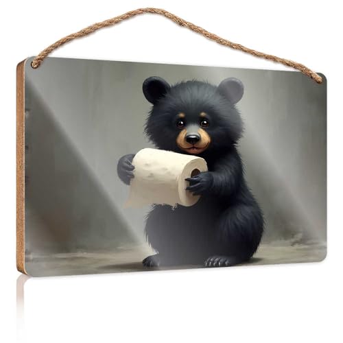 Lustige Türschilder für Büro, bezaubernder schwarzer Bär mit Toilettenpapierrolle, Holzschild, kleine Schilder für Heimdekoration, Sommer-Türschild (15 x 28 cm) von TSGB