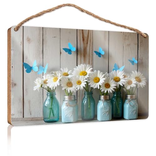 Lustige Türschilder für Büro, blaue Schmetterlinge und Gänseblümchen in Einmachgläsern, Holzschild, kleine Schilder für Heimdekoration, Sommer-Türschild (15 x 28 cm) von TSGB