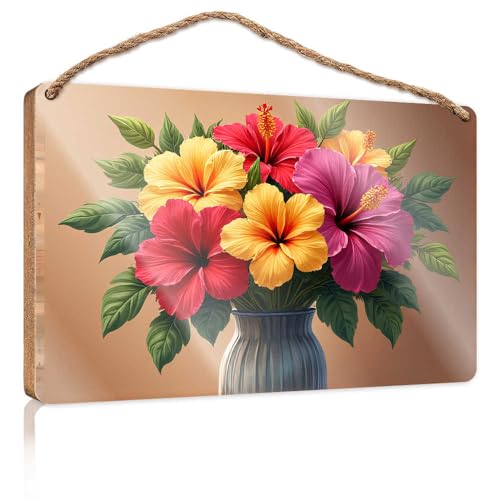 Lustige Türschilder für Büro, bunter Hibiskusstrauß in blauer Vase, Holzschild, kleine Schilder für Heimdekoration, Sommer-Türschild (20 x 30 cm) von TSGB