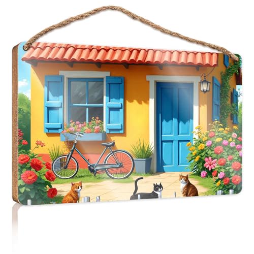 Lustige Türschilder für Büro, gemütliches Häuschen mit Katzen und Blumen, Holzschild, kleine Schilder für Heimdekoration, Sommer-Türschild (20 x 30 cm) von TSGB