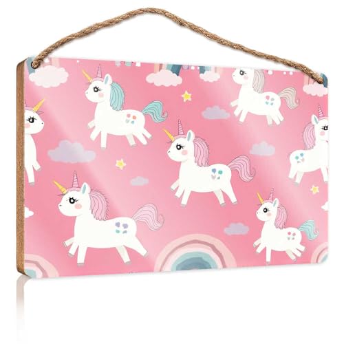 Lustige Türschilder für Büro, magische Einhörner und Regenbogen auf rosa Hintergrund, Holzschild, kleine Schilder für Heimdekoration, Sommer-Türschild (20 x 30 cm) von TSGB