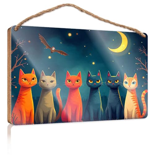 Lustige Türschilder für Büro, magische Nacht mit bunten Katzen, Holzschild, kleine Schilder für Heimdekoration, Sommer-Türschild (23 x 35 cm) von TSGB