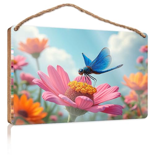 Lustige Türschilder für Büro, verträumte Libelle auf einer rosa Blume, Holzschild, kleine Schilder für Heimdekoration, Sommer-Türschild (23 x 35 cm) von TSGB