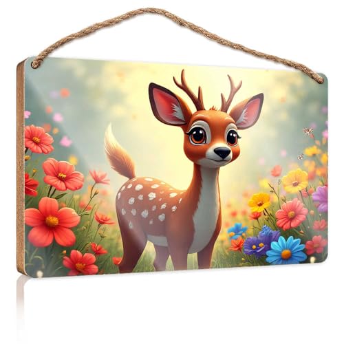 Schild für die Veranda, bezauberndes Hirsch in einem bunten Garten, Holzschild, Pool-Dekoration, Wohnmobil-Dekorationen für innen (20 x 30 cm) von TSGB