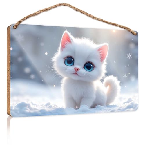 Schild für die Veranda, verschneites Winterwunderland mit niedlichem weißem Kätzchen, Holzschild, Pool-Dekoration, Camper-Dekorationen für den Innenbereich (23 x 35 cm) von TSGB