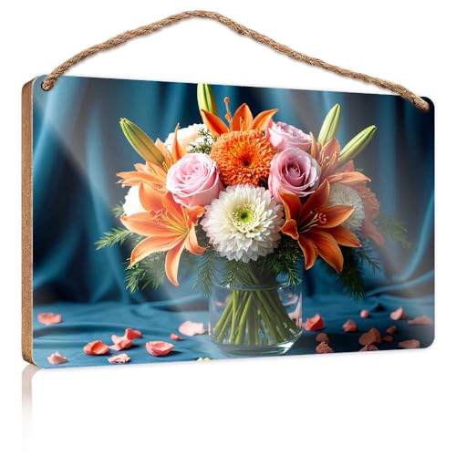 TSGB Holzschild zum Aufhängen, bunter Blumenstrauß aus Lilien und Rosen, Holzschild für Heimdekoration, Terrassendekoration (20 x 30 cm) von TSGB