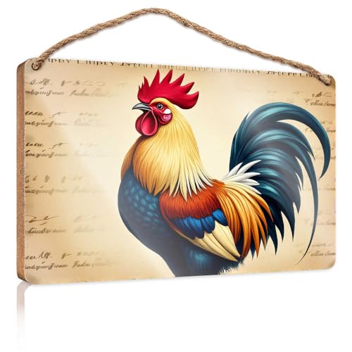 TSGB Holzschild zum Aufhängen, bunter Hahn auf altem Manuskript-Hintergrund, Holzschild für Heimdekoration, Terrassendekoration (20 x 30 cm) von TSGB