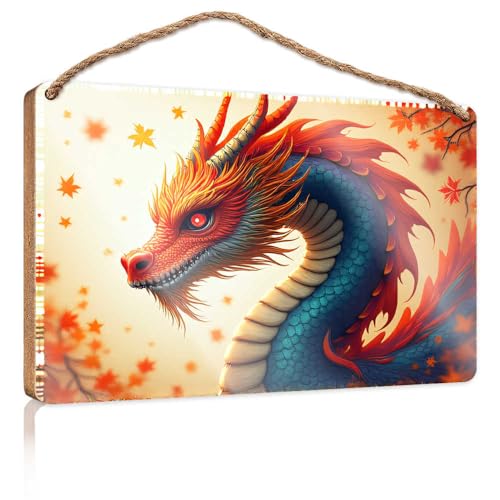 Winter-Türschild, Drache im Herbstlaub, Holzschild, Raumsachen, Sommergeschenke (15 x 28 cm) von TSGB