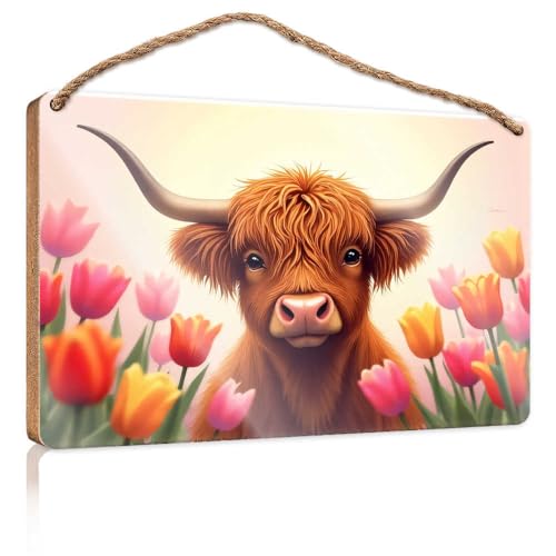 Winter-Türschild, Hochlandkuh in einem Tulpenfeld, Holzschild, Raumsachen, Sommergeschenke (23 x 35 cm) von TSGB
