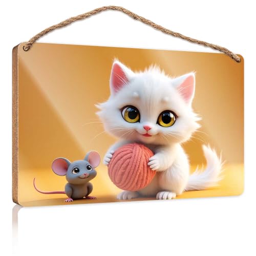 Winter-Türschild, Kätzchen und Maus, Spielzeit, Holzschild, Raumsachen, Sommergeschenke (23 x 35 cm) von TSGB