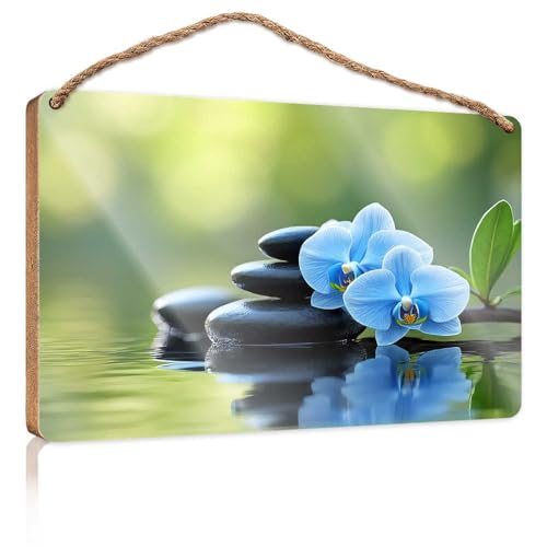 Winter-Türschild, blaue Orchidee und schwarze Steine in der Natur, Holzschild, Raumsachen, Sommergeschenke (20 x 30 cm) von TSGB