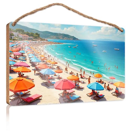 Winter-Türschild, bunt, Strandtag: Sonnenanbeter und Schwimmer, genießen das Meer, Holzschild, Raumsachen, Sommergeschenke (23 x 35 cm) von TSGB