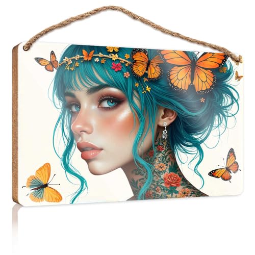 Winter-Türschild "Floral Fantasy: A Woman With Butterflies And Flowers", Holzschild, Raumsachen, Sommergeschenke (23 x 35 cm) von TSGB
