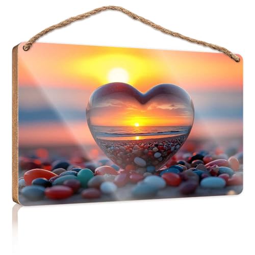 Winter-Türschild in Herzform, Glas, Spiegelung des Sonnenuntergangs, Holzschild, Raumsachen, Sommergeschenke (23 x 35 cm) von TSGB