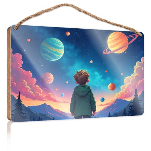Winter-Türschild mit Aufschrift "Child Gazing At Colorful Planets In The Sky", Holzschild, Raumsachen, Sommergeschenke (15 x 28 cm) von TSGB