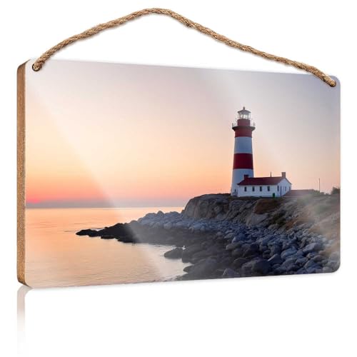 Witzige Türschilder fürs Büro Sonnenuntergang über Küstenlaterne Holzschild kleine Schilder für die Dekoration Ihres Hauses Sommer-Türschild (20 x 30cm) von TSGB