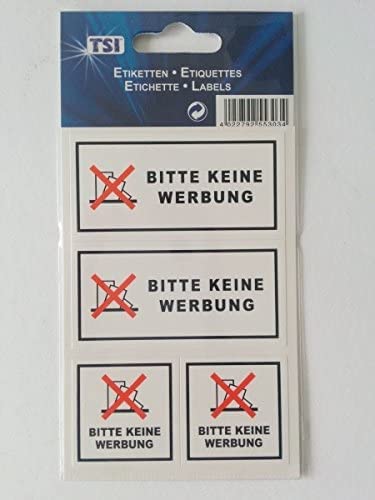 TSI 55304 Etiketten 'BITTE KEINE WERBUNG' Briefkasten Schilder 4er Set TSI 55304 Etiketten 'BITTE KEINE WERBUNG' Briefkasten Schilder 4er Set von TSI