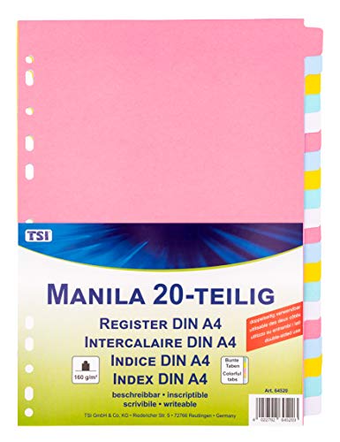 TSI Register aus stabilem Manila-Karton 20-teilig, bunte beschreibbare Taben, Art.Nr. 64520 von TSI