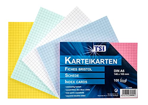 TSI Karteikarten A6 farbig sortiert, 100er Packung, kariert, Größe: DIN A6 (148 x 105 mm), Art. Nr. 65856 TSI Karteikarten A6 farbig sortiert, 100er Packung, kariert, Größe: DIN A6 (148 x 105 mm), Art. Nr. 65856 von TSI