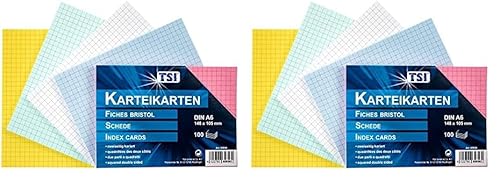 TSI Karteikarten A6 farbig sortiert, 200er Packung, kariert, Größe: DIN A6 (148 x 105 mm), Art. Nr. 65856 von TSI