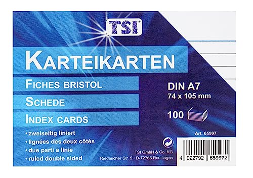 TSI Karteikarten weiß, 100er Packung, liniert, Größe: DIN A7 (105 x 74 mm), Art. Nr. 65997 von TSI