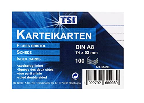 TSI Karteikarten DIN A8, 100-er Packung, liniert, weiß von TSI