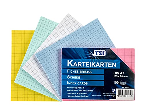 TSI Karteikarten farbig sortiert, 100er Packung, kariert, Größe: DIN A7 (105 x 74 mm), Art. Nr. 65857 von TSI