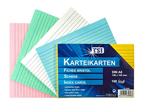 TSI Karteikarten farbig sortiert, 100er Packung, liniert, Größe: DIN A6 (148 x 105 mm), Art. Nr. 65896 von TSI