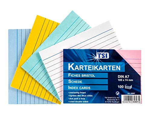 TSI Karteikarten farbig sortiert, 100er Packung, liniert, Größe: DIN A7 (105 x 74 mm), Art. Nr. 65897 von TSI