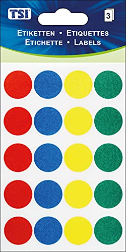 TSI Markierungspunkte in vier verschieden Farben (rot, blau, gelb und grün), Durchmesser 19 mm, Inhalt: 3 Blatt á 20 Etiketten (= 60 Etiketten), Art. Nr. 55219 von TSI