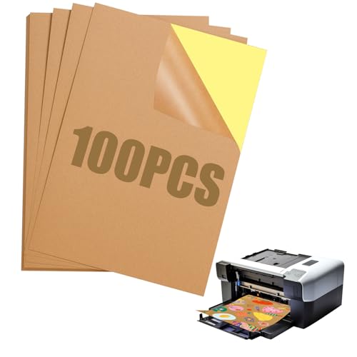 TOKERD 100 Stück A4 Kraftpapier Selbstklebendes Aufkleber Etiketten Braune Kopierpapier stickerpapier zum Bedrucken für Laser Bedrucken, Tintenstrahldruck, Kopiererdruck, 70g Kraftpapier von TSKDKIT