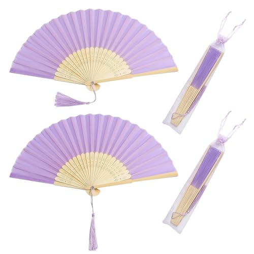 TSKDKIT 2 Stück HandfäCher Faltbare FäCher Lila, Fächer Hochzeit Dekoration Chinesische Fächer Klappfächer für gastgeschenke Hochzeit, Tanzrequisiten, Fotografie, Sommer Party(Lila,38 cm) von TSKDKIT