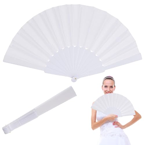TSKDKIT 2 Stück HandfäCher Faltbare FäCher Weiß, Fächer Hochzeit Dekoration Chinesische Fächer Klappfächer für gastgeschenke Hochzeit, Tanzrequisiten, Fotografie, Sommer Party(Weiß,43 cm) von TSKDKIT