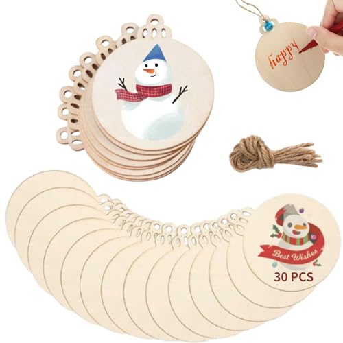 TSKDKIT 30 Stück Weihnachten Deko Holz Anhänger Runde Holzscheiben Ornamente für Dekoration Handwerke Basteln Bemalen Scrapbook von TSKDKIT