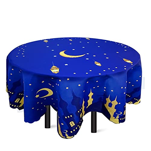 Ramadan Eid Mubarak Tischdecken Blaue Mond Stern Eid Mubarak Tischdekoration Runde Rechteckige Waschbare Tischdecke für Islam muslimischen Party-Dekoration (Runde 150 * 150 cm) von TSLBW
