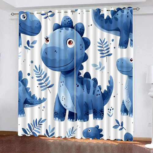 TSMMB Dinosaurier Verdunkelungsvorhänge Mit Ösen 2Er Set,Gardinen Blickdicht Kurz Mit Muster,Cartoon Dino Vorhang Kinderzimmer,Vorhang Wohnzimmer Schlafzimmer Modern Blau,140X120Cm(HxB),A5 von TSMMB