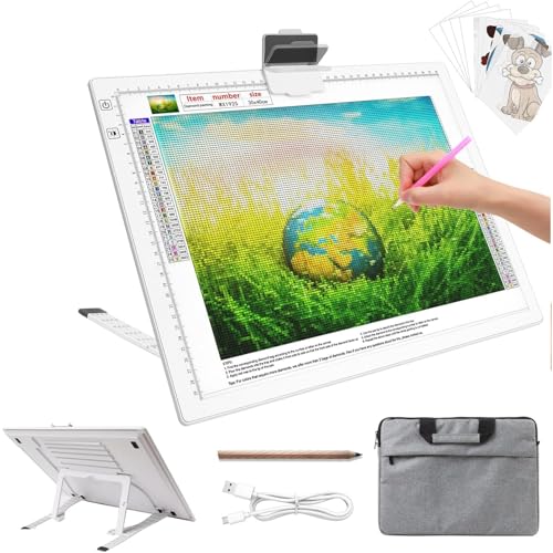 Leuchttisch A3 mit Taschen, Wiederaufladbare Diamond Painting Leuchtplatte mit Ständer, 3 Farben Stufenlos Dimmbar 6 Stufen Helligkeit Light Pad, Tragbare LED Leuchtkästen für Abpausen(Weiß) von TSOCOS
