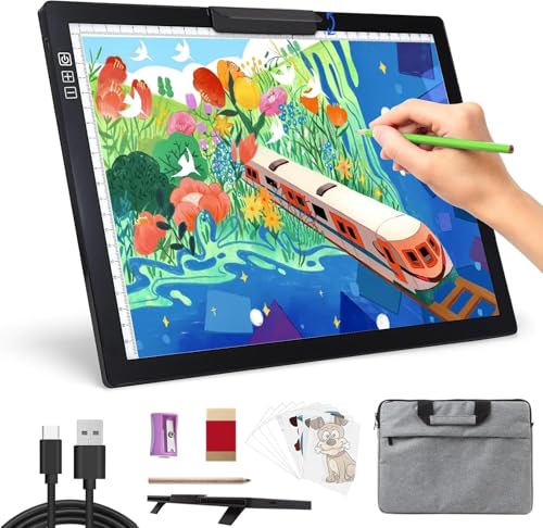 Wiederaufladbare Leuchttisch A4 mit Tasche, Stufenlos Dimmbar 6 Stufen Helligkeit Leuchtplatte, Diamond Painting Leuchttisch mit Clip oben, Tragbares LED Leuchtkasten für Diamond Painting Zubehör von TSOCOS