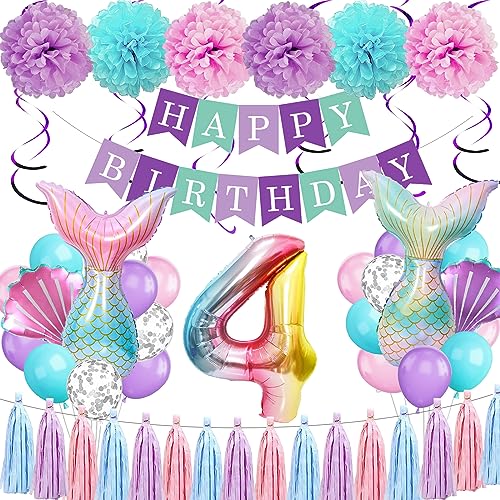 Meerjungfrau Geburtstag Deko 4 Jahre, Kindergeburtstag Luftballon 4 Jahre, Geburtstagsdeko 4 Jahr Mädchen, Happy Birthday Girlande für Meerjungfrau 4 Jahre Geburtstagsdeko von TSQNW