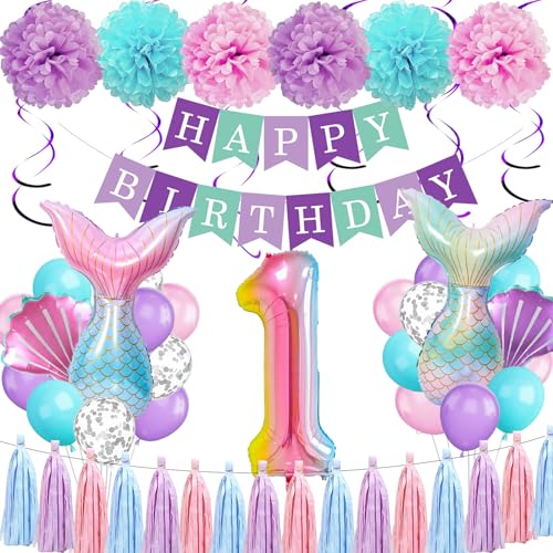 Meerjungfrau Geburtstag Deko 5 Jahre, Kindergeburtstag Luftballon 5 Jahre, Geburtstagsdeko 5 Jahr Mädchen, Happy Birthday Girlande für Meerjungfrau 5 Jahre Geburtstagsdeko (1 Jahre) von TSQNW