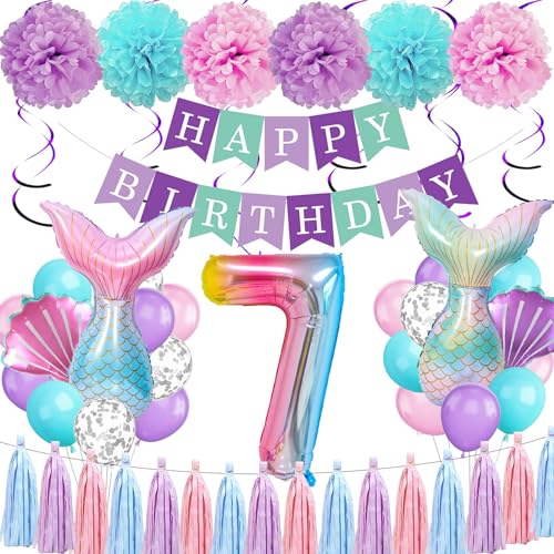 Meerjungfrau Geburtstag Deko 7 Jahre, Kindergeburtstag Luftballon 7 Jahre, Geburtstagsdeko 7 Jahr Mädchen, Happy Birthday Girlande für Meerjungfrau 7 Jahre Geburtstagsdeko von TSQNW