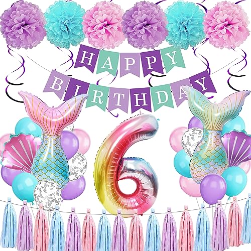 Meerjungfrau Geburtstag Deko 6 Jahre, Kindergeburtstag Luftballon 6 Jahre, Geburtstagsdeko 6 Jahr Mädchen, Happy Birthday Girlande für Meerjungfrau 6 Jahre Geburtstagsdeko von TSQNW
