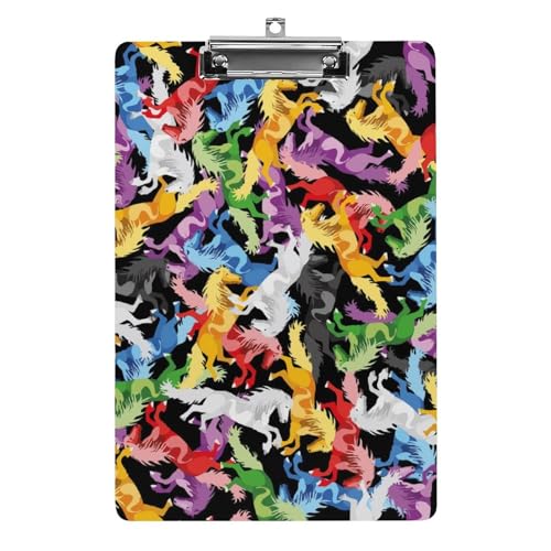 Acryl-Klemmbrett, schwarze bunte Pferde, dekoratives Klemmbrett mit niedrigem Profil, Standard-A4-Klemmbretter (21,6 x 31,8 cm) von TSklpoqA