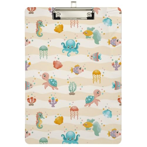 Octopus Fisch-Schildkröten-Korallen-Muschel-Klemmbrett für Büro, Schule, Krankenpflege, Acryl, für Standard-A4, Briefgröße, 22,9 x 31,8 cm, mit silberfarbenem Metallclip Octopus Fisch-Schildkröten-Korallen-Muschel-Klemmbrett für Büro, Schule, Krankenpflege, Acryl, für Standard-A4, Briefgröße, 22,9 x 31,8 cm, mit silberfarbenem Metallclip von TSklpoqA