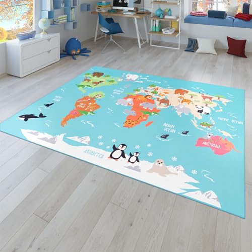 Kinder-Teppich, Spiel-Teppich Für Kinderzimmer, Weltkarte Mit Tieren, In Grün, Größe:120x160 cm von TT Home