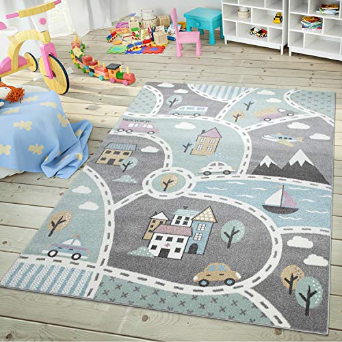 TT Home Kinder-Teppich, Spiel-Teppich Für Kinderzimmer, Mit Straßen-Motiv, In Grün Grau, Größe:Ø 120 cm Rund von TT Home
