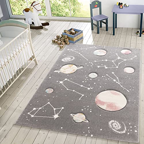 TT Home Kinder-Teppich, Spiel-Teppich Mit Planeten Und Sternen, Für Kinderzimmer In Grau, Größe:120x170 cm von TT Home